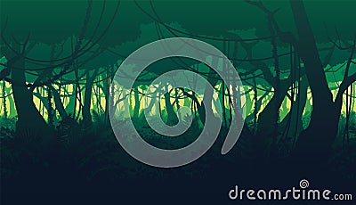 Horizontal seamless background of landscape with deep jungle forest. Stock Photo