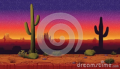 Horizontal seamless background of landscape with desert and cactus. Vector Illustration