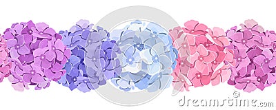 Horizontal seamless background with pink, blue and purple hydrangea flowers. Vector illustration. Vector Illustration