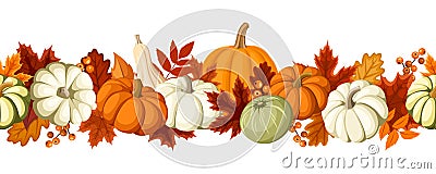 Horizontal seamless background with pumpkins and autumn leaves. Vector illustration. Vector Illustration