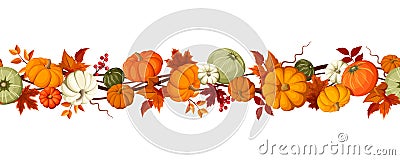 Horizontal seamless background with pumpkins and autumn leaves. Vector illustration. Vector Illustration