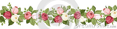 Horizontal seamless background with red, pink and white rose buds. Vector illustration. Vector Illustration