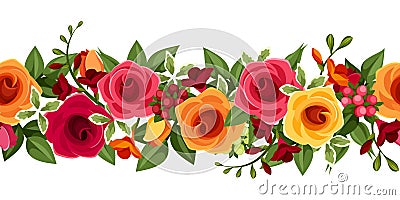 Horizontal seamless background with red and yellow roses and freesia. Vector illustration. Vector Illustration