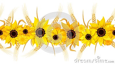 Horizontal seamless background with sunflowers and ears of wheat. Vector illustration. Vector Illustration