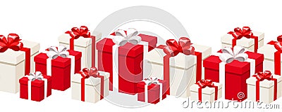 Horizontal seamless background with white and red gift boxes. Vector illustration. Vector Illustration