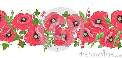 Horizontal seamless background with wildflowers: red poppies and red berries. Floral pattern isolated objects on white for summer Stock Photo