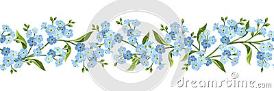 Horizontal seamless border with blue forget-me-not flowers. Vector illustration. Vector Illustration