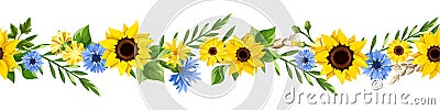 Horizontal seamless border with blue and yellow flowers. Vector illustration Vector Illustration