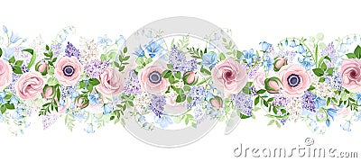 Horizontal seamless garland with pink, blue and purple flowers. Vector illustration. Vector Illustration