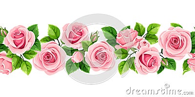 Horizontal seamless garland with pink roses. Vector illustration. Vector Illustration