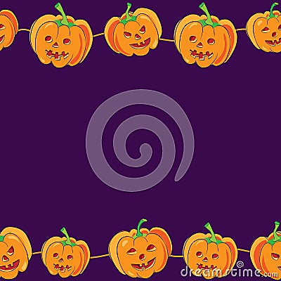 horizontal seamless halloween banner with cartoon cute and funny pumpkins on purple background. halloween background with evil Cartoon Illustration