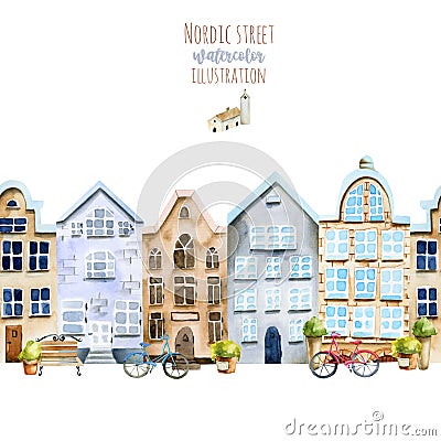 Horizontal seamless illustration of watercolor scandinavian houses Cartoon Illustration