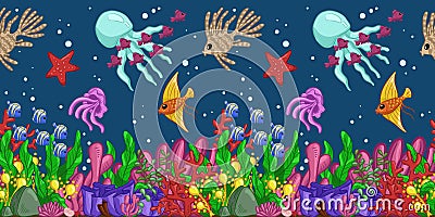 Horizontal seamless pattern with marine life: fish, starfish, jellyfish, seaweed, shells, bubbles and corals. Hand draw art Vector Illustration