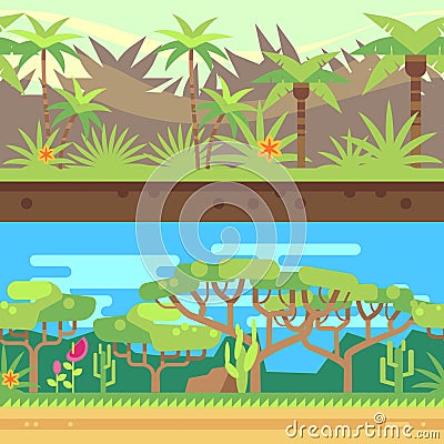 Horizontal seamless tropical forest jungle background in cartoon flat style. Vector illustration Vector Illustration