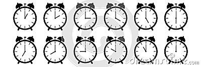 horizontal set of analog alarm clock icon notifying each hour isolated on white,vector illustration Cartoon Illustration