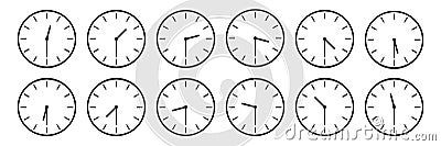 horizontal set of analog clock icon notifying each half an hour time isolated on white,vector illustration Cartoon Illustration
