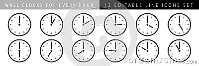 Horizontal set of analog clock icon notifying each hour Vector Illustration