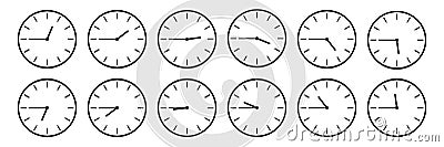 horizontal set of analog clock icon notifying each quarter 45 minutes isolated on white,vector illustration Cartoon Illustration