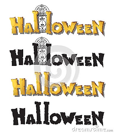 Horizontal set with title Halloween yellow handwritten text. Title Halloween on the white background. Banner poster card Vector Illustration