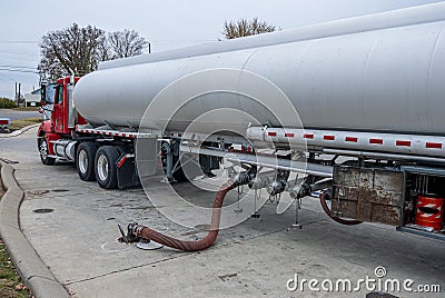 Fuel Truck Filling Underground Tank Stock Photo