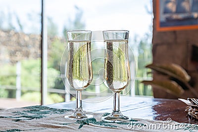 Horizontal shot of two glasses of sparkling champagne on wooden table with nature in the background Stock Photo