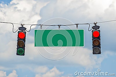 Red Traffic Light With Blank Street Sign Stock Photo