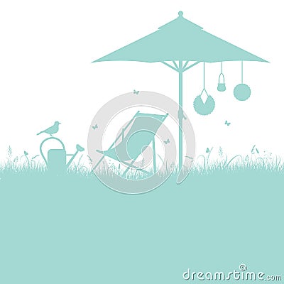 Silhouette Garden Deck Chair And Umbrella Turquoise Vector Illustration