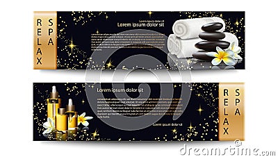 Horizontal spa composition, elements spa treatments with white towel, massage and essential oils and exotic flowers on black Stock Photo