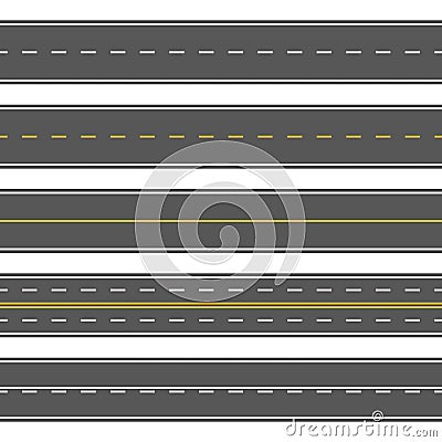 Horizontal straight seamless roads. Modern asphalt repetitive highways Vector Illustration