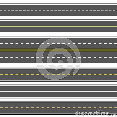 Horizontal straight seamless roads. Modern asphalt repetitive highways. Road asphalt straight seamless, highway street for transpo Cartoon Illustration