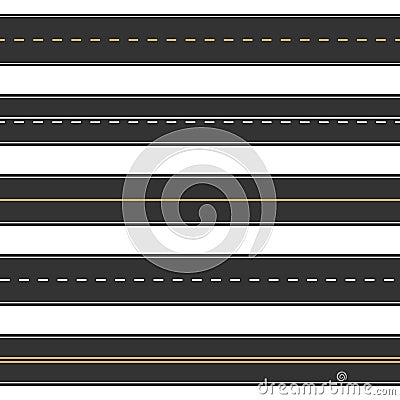 Horizontal straight seamless roads. Modern asphalt repetitive highways. Road asphalt straight seamless, highway street Vector Illustration