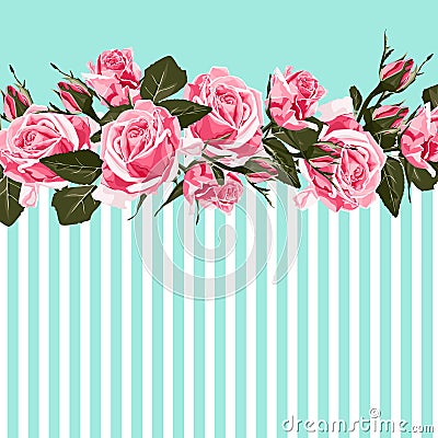 Horizontal striped pattern with pink rose, peony, leaves and bud. Stock Photo