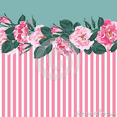 Horizontal striped pattern with, rose, peony, leaves and bud. Cute wedding floral vector design frame. Stock Photo