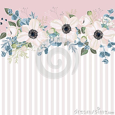 Horizontal striped pattern with white anemones, leaves, bud and herbs. Stock Photo