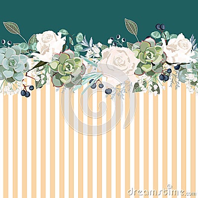 Horizontal striped pattern with white roses, leaves, bud, succulent and berries. Stock Photo