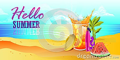 Horizontal summer banner with beach, ocean, mango, glass of lemonade, surfboard, toucan, cocktail, watermelon, ice cube. Vector Illustration