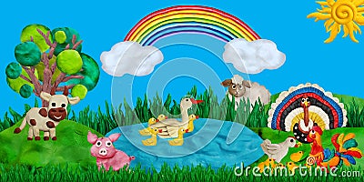 Horizontal summer banner or header for kids sites with 3d rendered farm animals plasticine sculptures Stock Photo