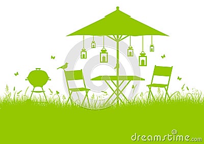 Horizontal Summer Garden Barbecue Silhouette Background Green Vector Illustration