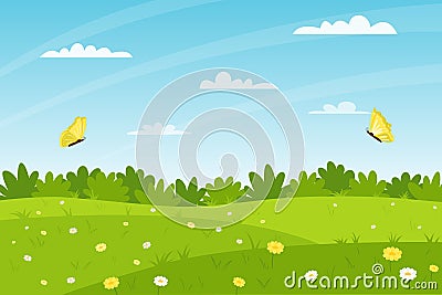 Horizontal summer landscape. A field of flowers, glade with daisies, bushes, butterflies flying. Clear weather. Color vector Vector Illustration