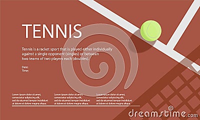 Horizontal Tennis Championship, Tournament, School, Education Poster. Indoor, red, outdoor Court. Ball on the Line with shadow. Vector Illustration
