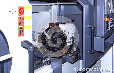 Horizontal turning lathe machine. CNC slant bed lathes. Stock Photo