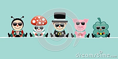 Turquoise Banner Ladybug Fly Agaric Chimney Sweep Pig And Cloverleaf Sunglasses Vector Illustration