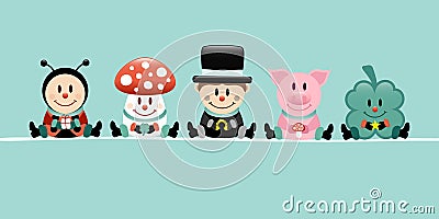 Turquoise Banner Ladybug Fly Agaric Chimney Sweep Pig And Cloverleaf Vector Illustration