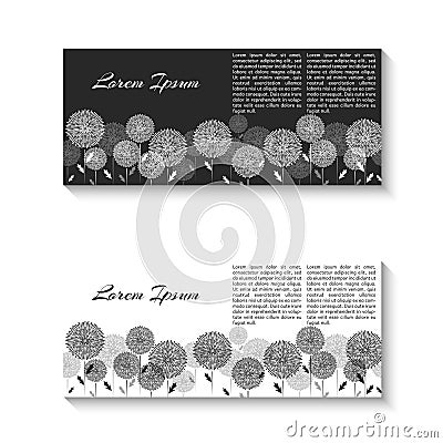 Horizontal two flyer mockup black and white minimal design element, feminine pattern of dandelion flowers for card spa salon. Vector Illustration