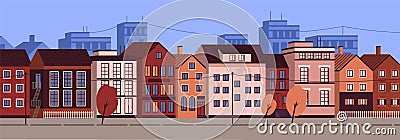 Horizontal urban landscape or cityscape with facades of residential buildings. Street view of district with modern Vector Illustration