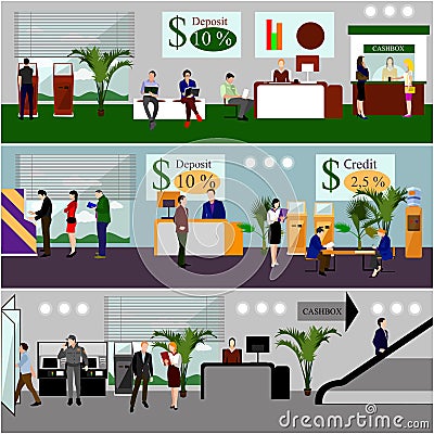 Horizontal vector banners with bank interiors Vector Illustration