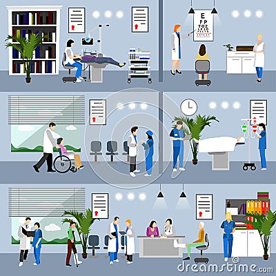 Horizontal vector banners with doctors and hospital interiors. Medicine concept. Patients passing medical check up Vector Illustration
