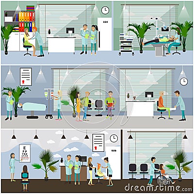 Horizontal vector banners with doctors and hospital interiors. Medicine concept. Patients passing medical check up Vector Illustration