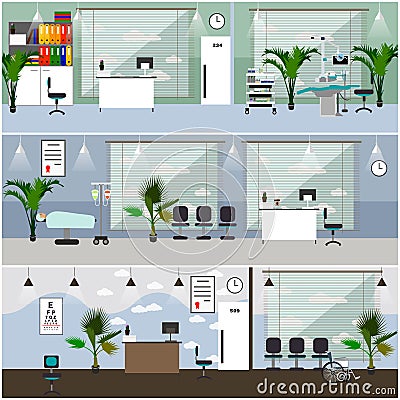 Horizontal vector banners with hospital interiors. Medicine concept. Medical check up and surgery operation room. Vector Illustration