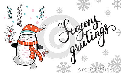 Horizontal vector Christmas card penguin seasons greeting Vector Illustration